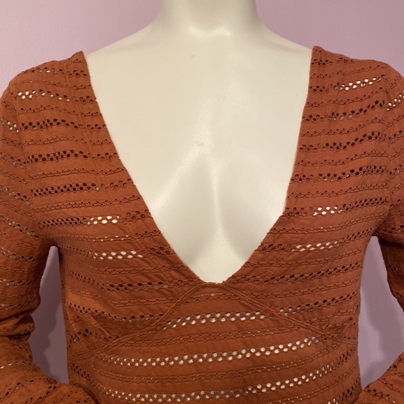Free People Copper Burnt Orange V-neck Stretchy Long Sleeves Printed Design Top - Picture 4 of 10